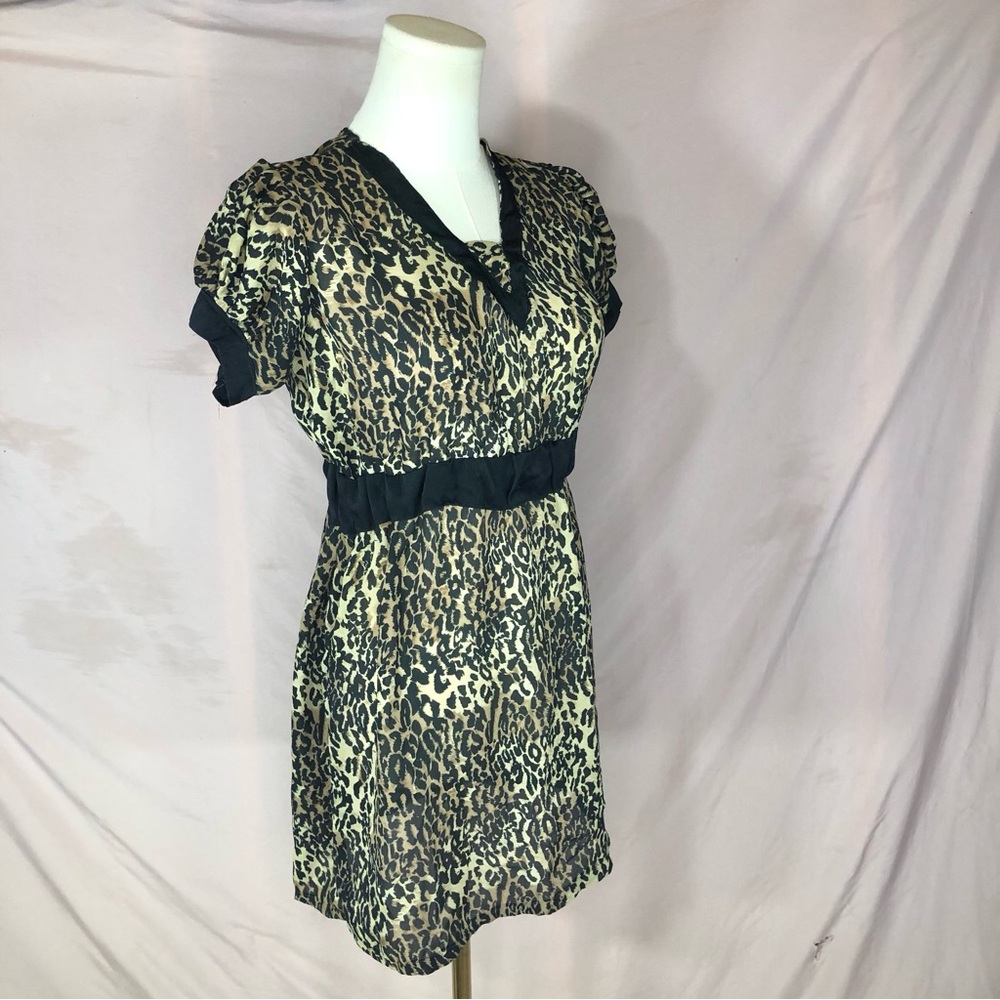 Leopard Print Short Sleeve Mini Dress or Shirt with Black Trim Sheer Size Small - Picture 4 of 8